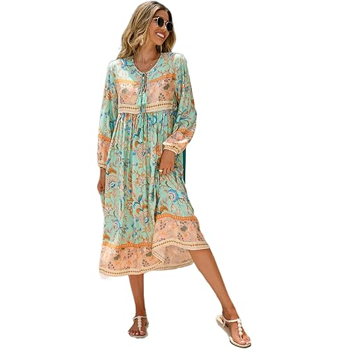 R.Vivimos Womens Women's Long Sleeve Floral Print Retro V Neck Tassel Bohemian Midi Dresses