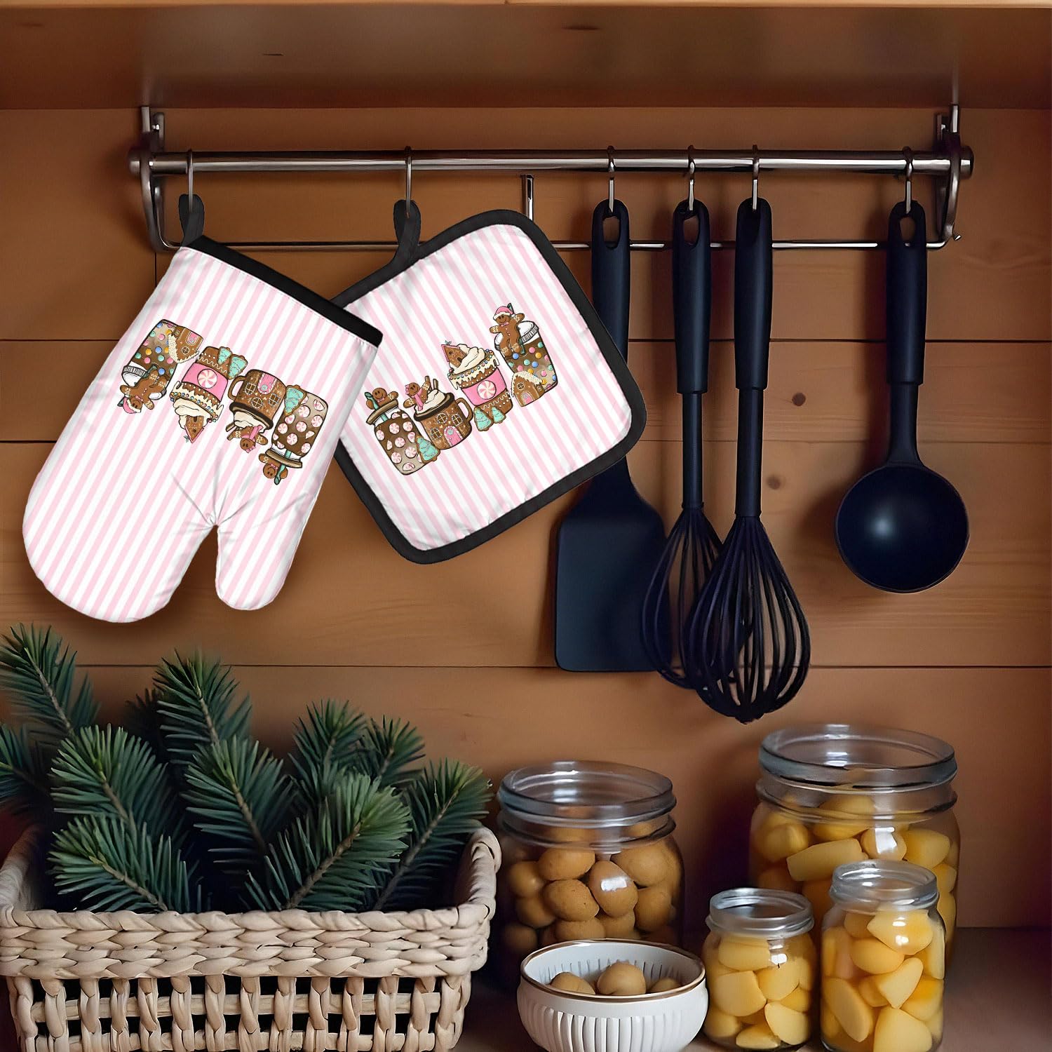 Ofenhandschuhe und Topflappen-Sets, Weihnachtsdekoration, rosa gestreift, niedlich, Lebkuchen, hitzebeständige Ofenhandschuhe, heiße Pads für Küchendekoration