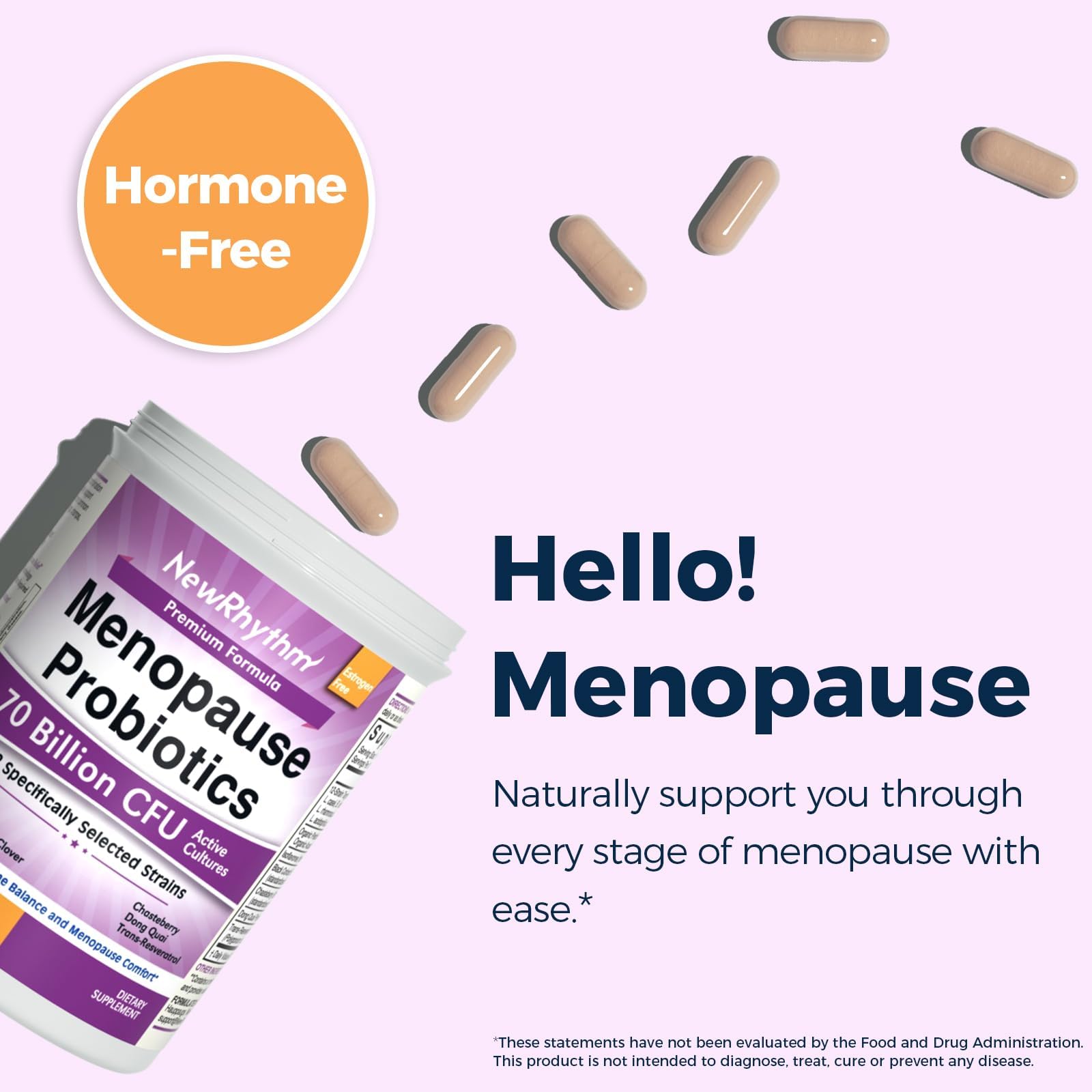 NewRhythm Menopause Probiotics for Women, 7-in-1 Relief, Prebiotics, Black Cohosh Trans-Resveratrol Chasteberry Red Clover Dong Quai, Hot Flashes Night Sweats, No Soy, No Estrogen, 30 Ct — Amazon image 3