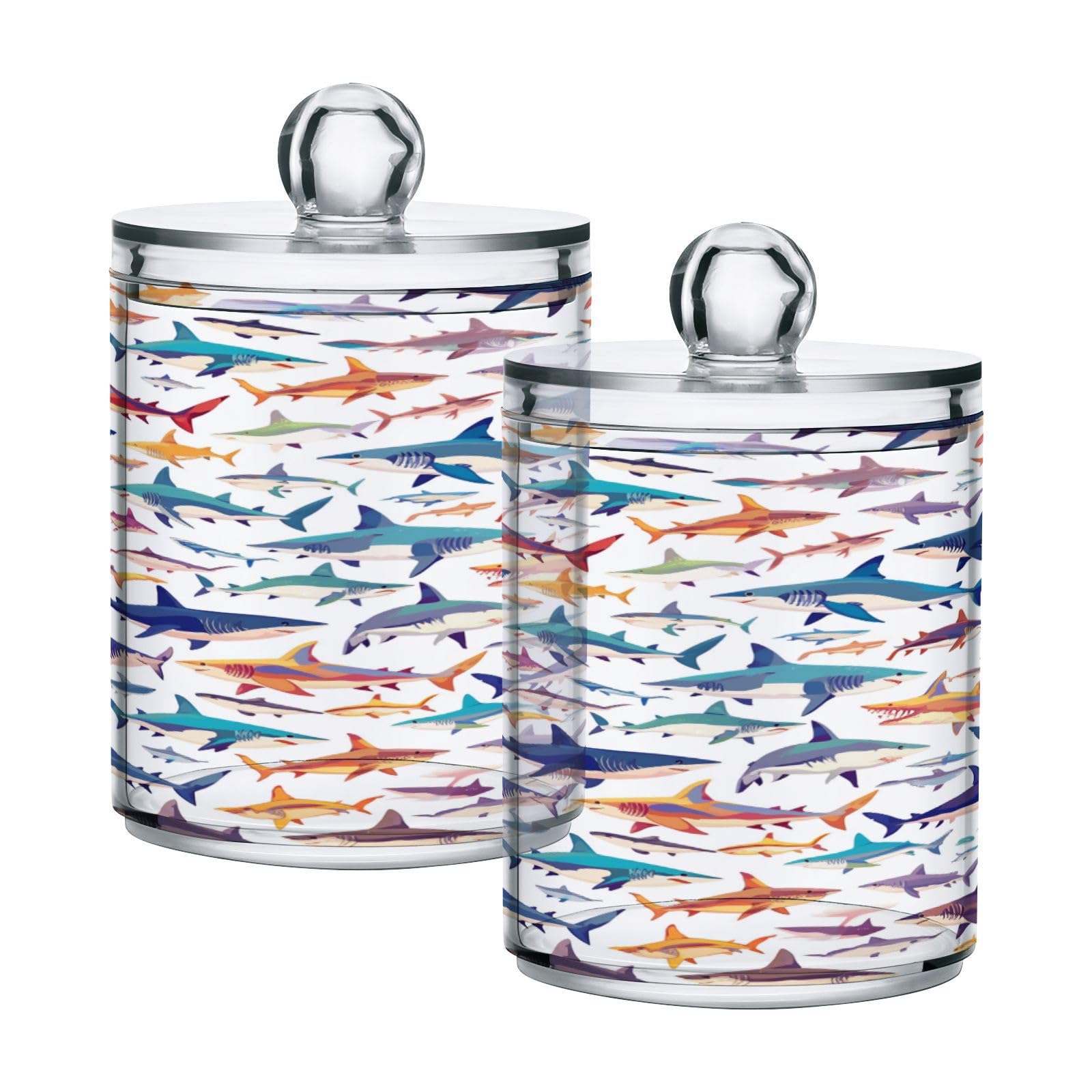 Ewusp Cute Sharks Qtip Holder 2 PCS Clear Plastic Apothecary Jars with Lid Cotton Pad Holder Dispenser Cotton Bud Holder Bathroom Storage Container Makeup Organiser