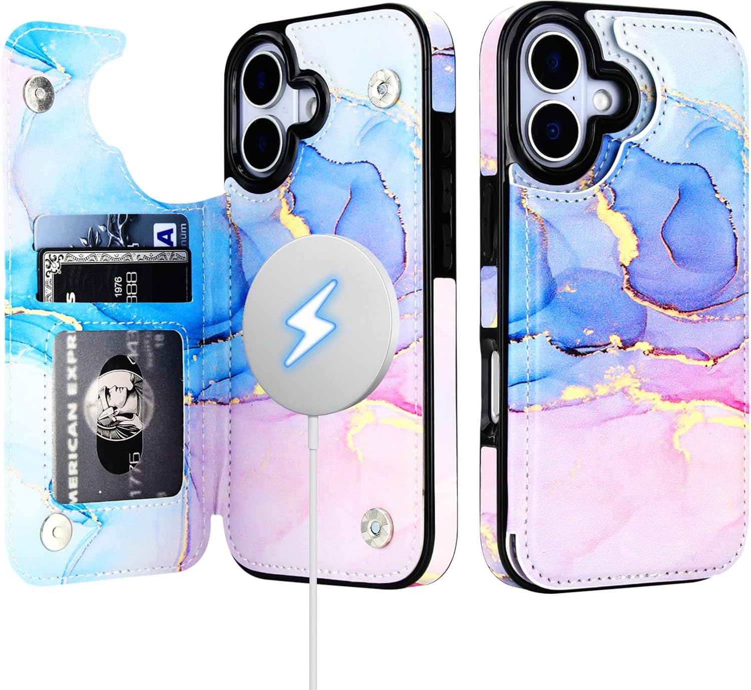 HAOPINSH Wallet Case for iPhone 17, Compatible with MagSafe Wireless Charging, Pink Blue Marble Pattern Back Flip Folio PU Leather Kickstand Card Slots Case Double Magnetic Clasp Cover 6.3"