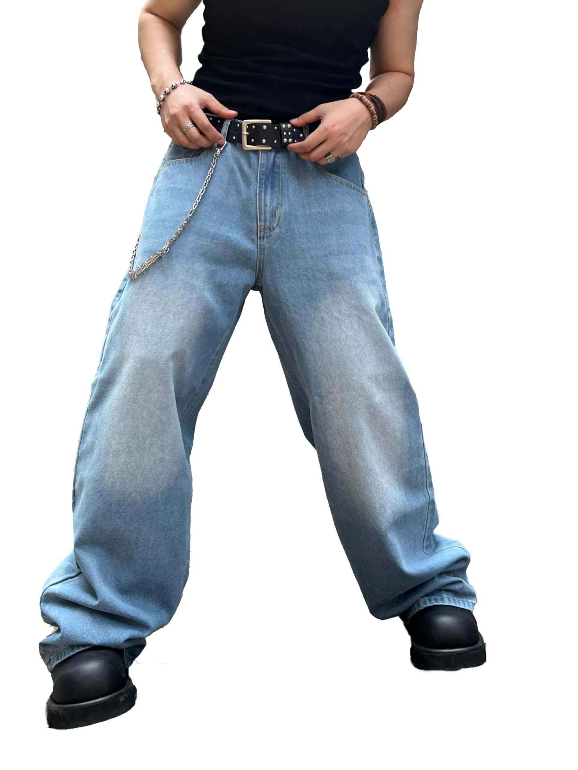 Men's Baggy Hip Hop Jeans Wide Leg Skater Denim Pants Casual Loose Fit Long Trousers Streetwear