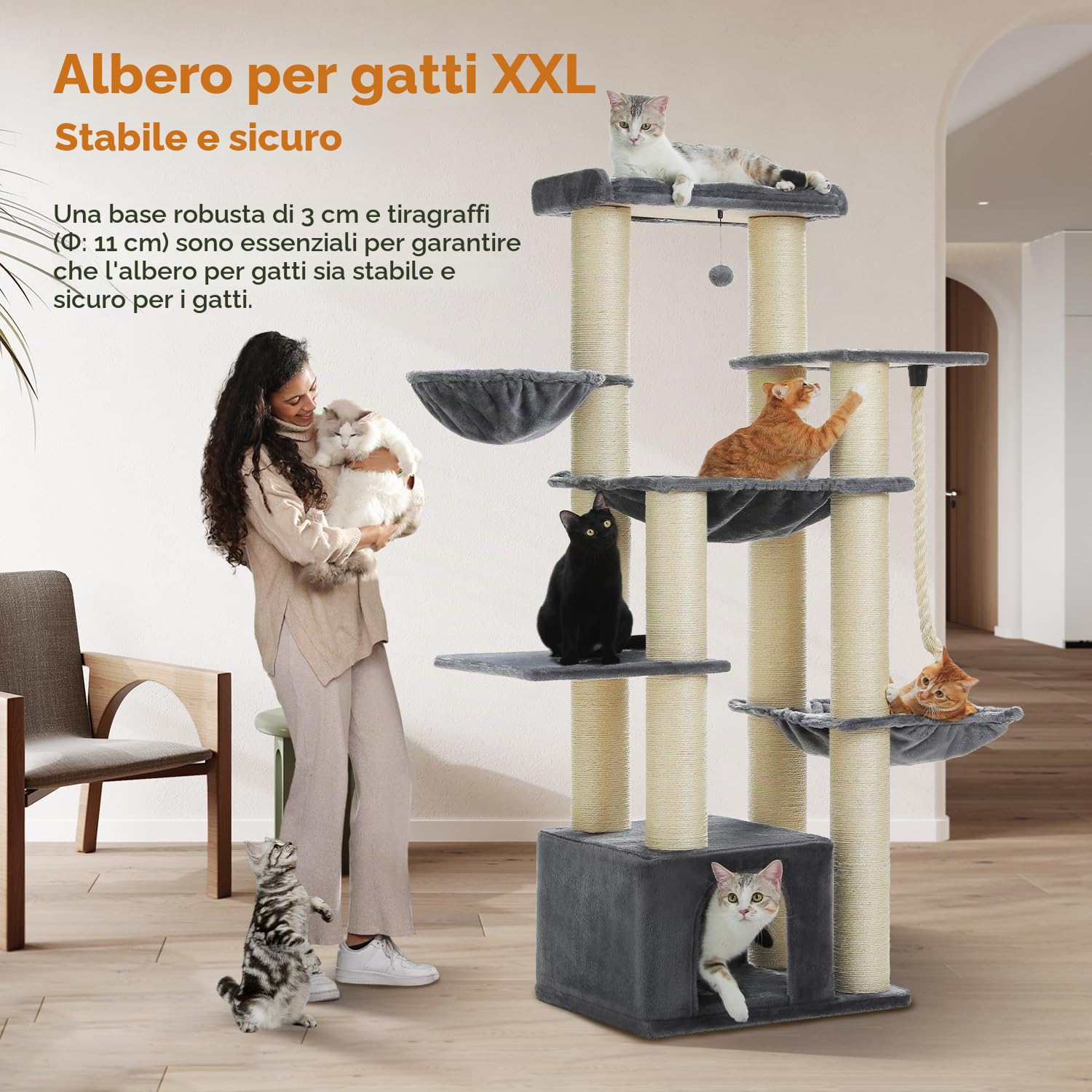PAWZ Road Tiragraffi per gatti di grandi dimensioni, stabile con più livelli, amaca, 13 pali in sisalp (φ11 cm), grande sella, grotta, cestini, albero tiragraffi XXL, 170 cm, grigio
