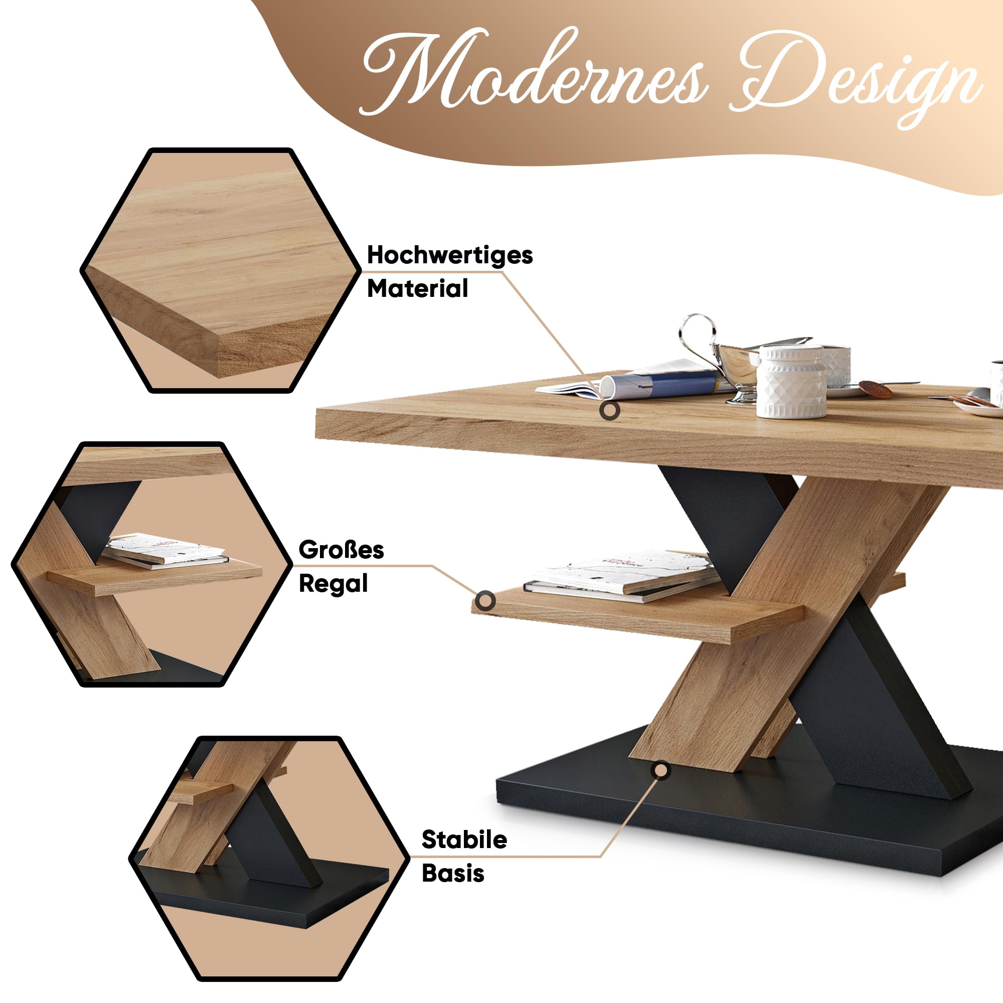 Viosimc Couchtisch, Moderner Wohnzimmertisch, Modern Möbel Wohnzimmer, Kaffeetisch, Sofatisch mit Großer Ablage, Beistelltisch für Tee und Kaffee – Coffee Table for Living Room - Eiche & Schwarz