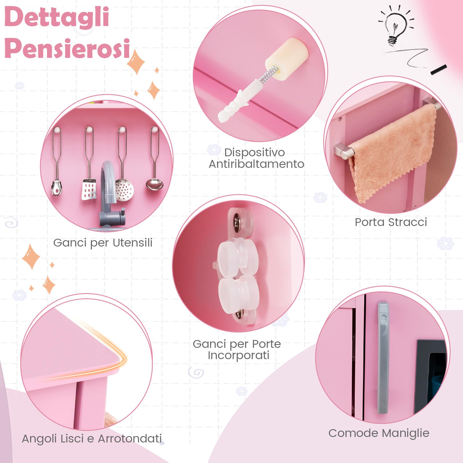 RELAX4LIFE Cucina Giocattolo per Bambini, Gioco Cucina in Legno con Microonde, Forno, Rubinetto, Lavello e 18 PCS Accessori, Mini Cucina per Bambini 3 4 5 6 Anni (Rosa)