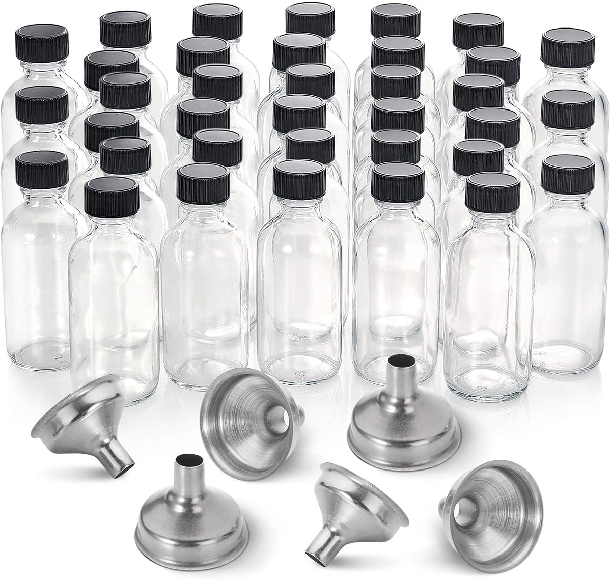 Paquete de 36 botellas pequeñas de vidrio transparente de 2 oz con tapa y 6 embudos de acero inoxidable - Botellas de muestra Boston de 60 ml - Mini botellas esenciales de viaje o decorativas para pociones, jugos, bienestar, tragos de jengibre, whisky