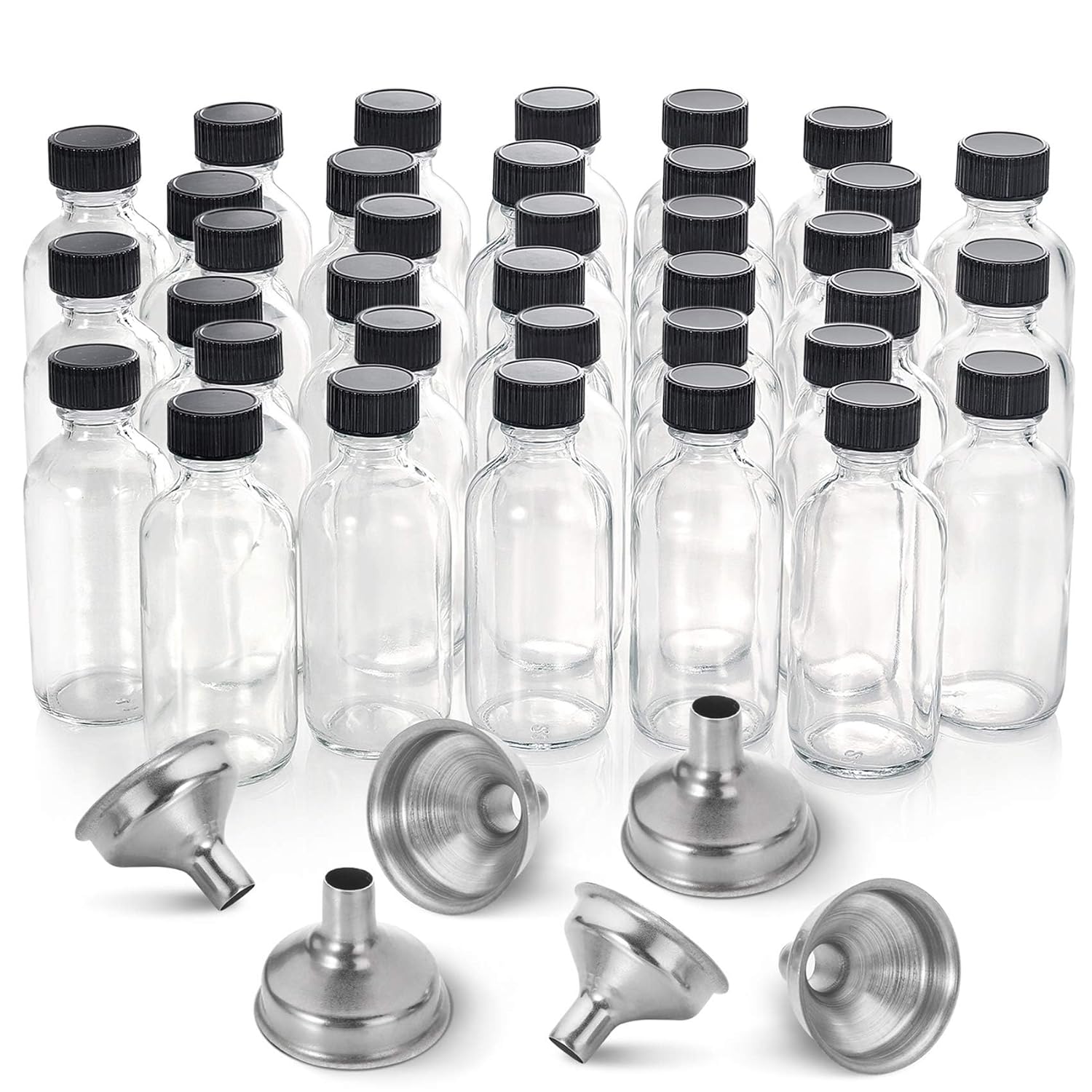36 Pack 2 oz Small Clear Glass Bottles w Lid 6 Stainless Steel Funnels - 60ml Boston Sample