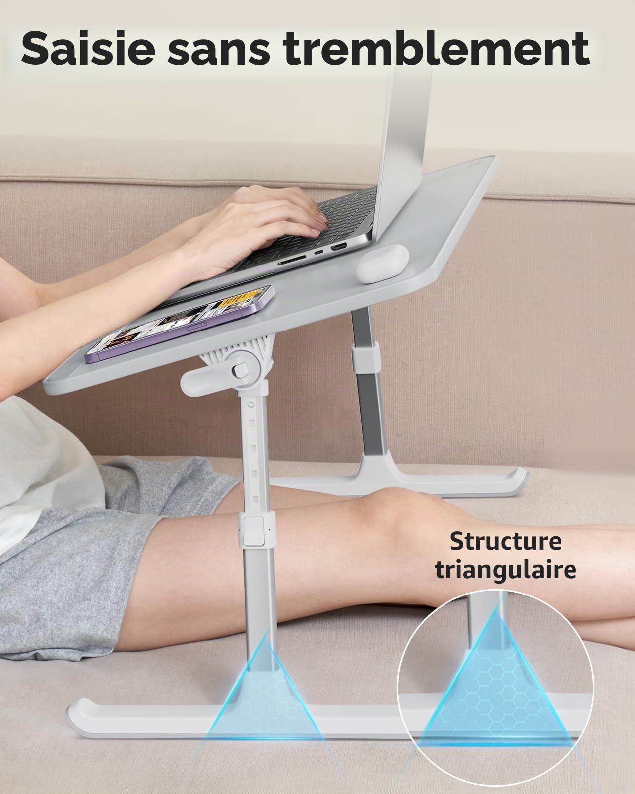 SAIJI Table de Lit Pliable Réglable Hauteur Angle Max 17'' Ordinateur Portable Gris 60x33cm