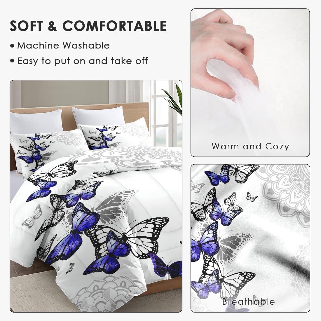 WeCozy Full Size Comforter Set with 2 Pillowcases, Summer Spring Purple Butterfly 3 Pcs Bedding for Kids and Adults, Abstract Circular Mandala Floral Soft Comforter Set for Bedroom Bed Decor