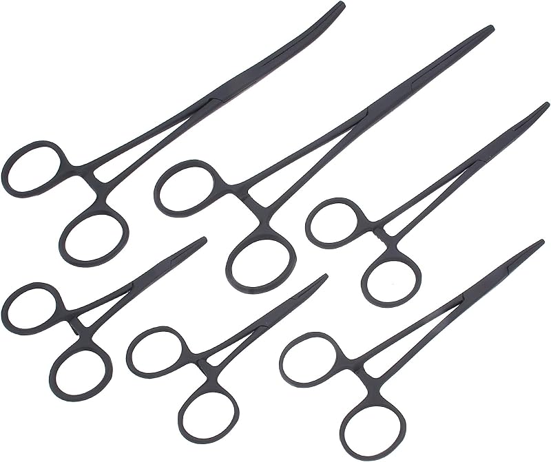 Surgical Online Hemostat Forceps Set - 6 Tactical Black Stainless Steel Instruments, 3 Curved & 3 Straight Sizes (3.5", 5.5", 7.25") - Versatile for Fishing, Crafts, Electronics, Taxidermy