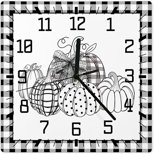 Thanksgiving Wooden Wall Clock Silent Non Ticking, Black Line Hand Draw Pumpkins Plaid Fall Square Wall Clock Battery Operated, Decor Clock for Home