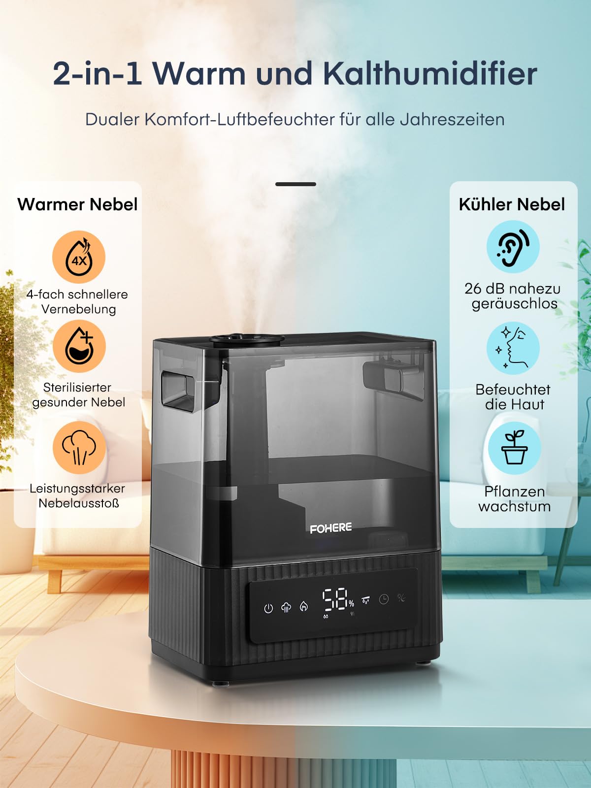 FOHERE Luftbefeuchter 6L Leiser Luftbefeuchter mit warmem und kühlem Nebel 60H Laufzeit Öldiffusor Schlafmodus 12H-Timer