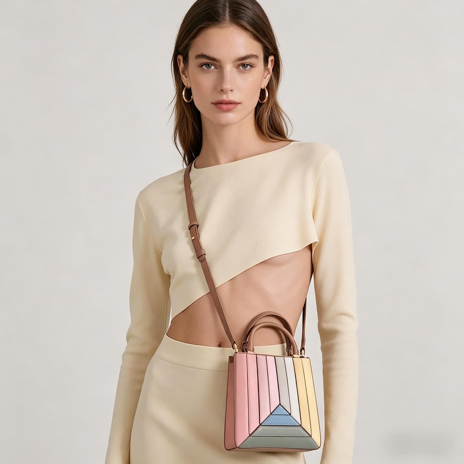 Women's Geometric Pleated Mini Tote Bag - Structured Top Handle Crossbody Satchel Purse for Work & Party