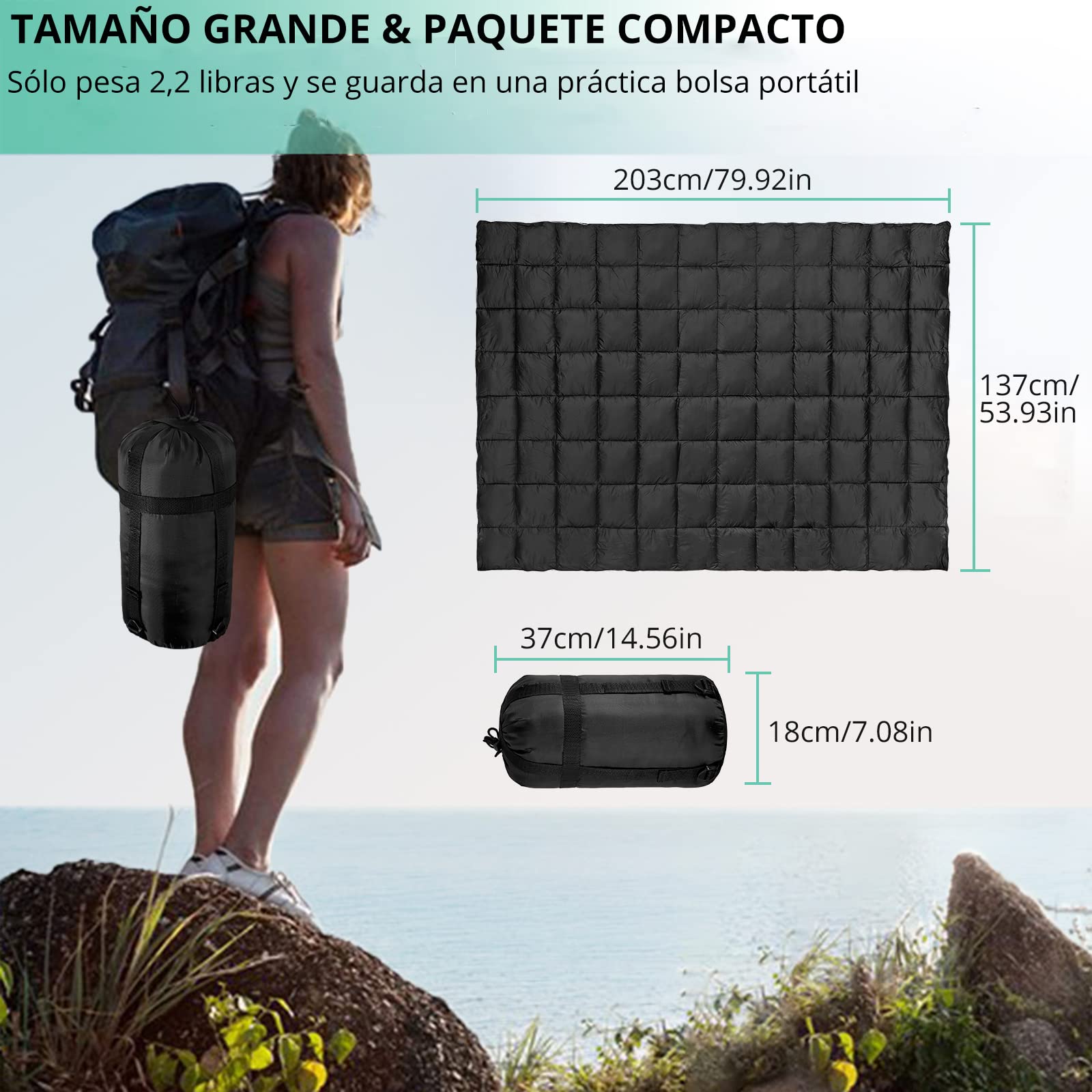 VINTEAM Manta de Plumón Plegable 137 x 203cm Edredón de Plumón para Exteriores con Botón a Presión Manta de Camping Impermeable para Acampar al Aire Libre, Salidas Familiares