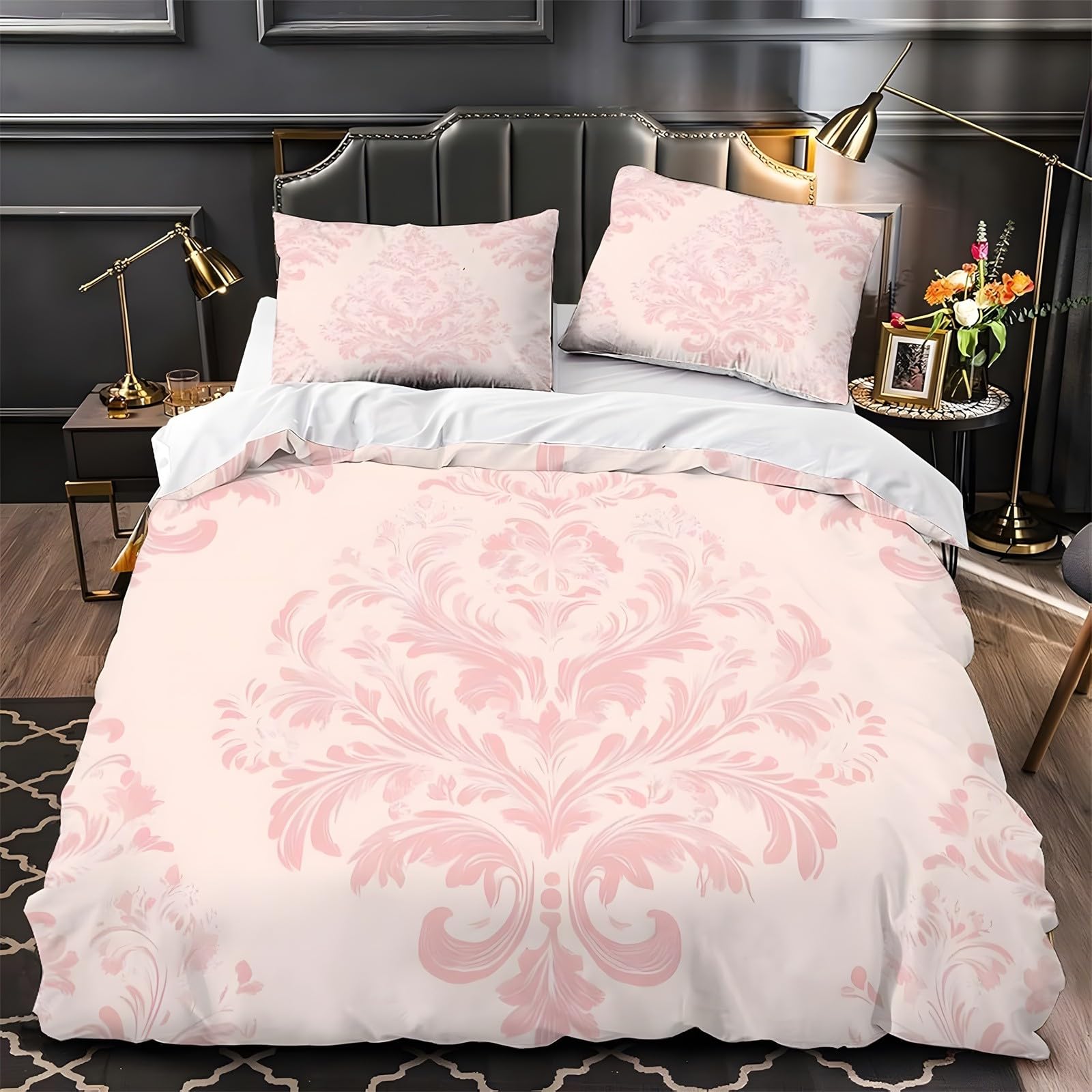 Ypthriline Double Bedding Set Damask Pattern Bedding Set Microfiber Pink Duvet Covers with Pillowcases Reversible Bedding With Zipper Closure 200x200CM