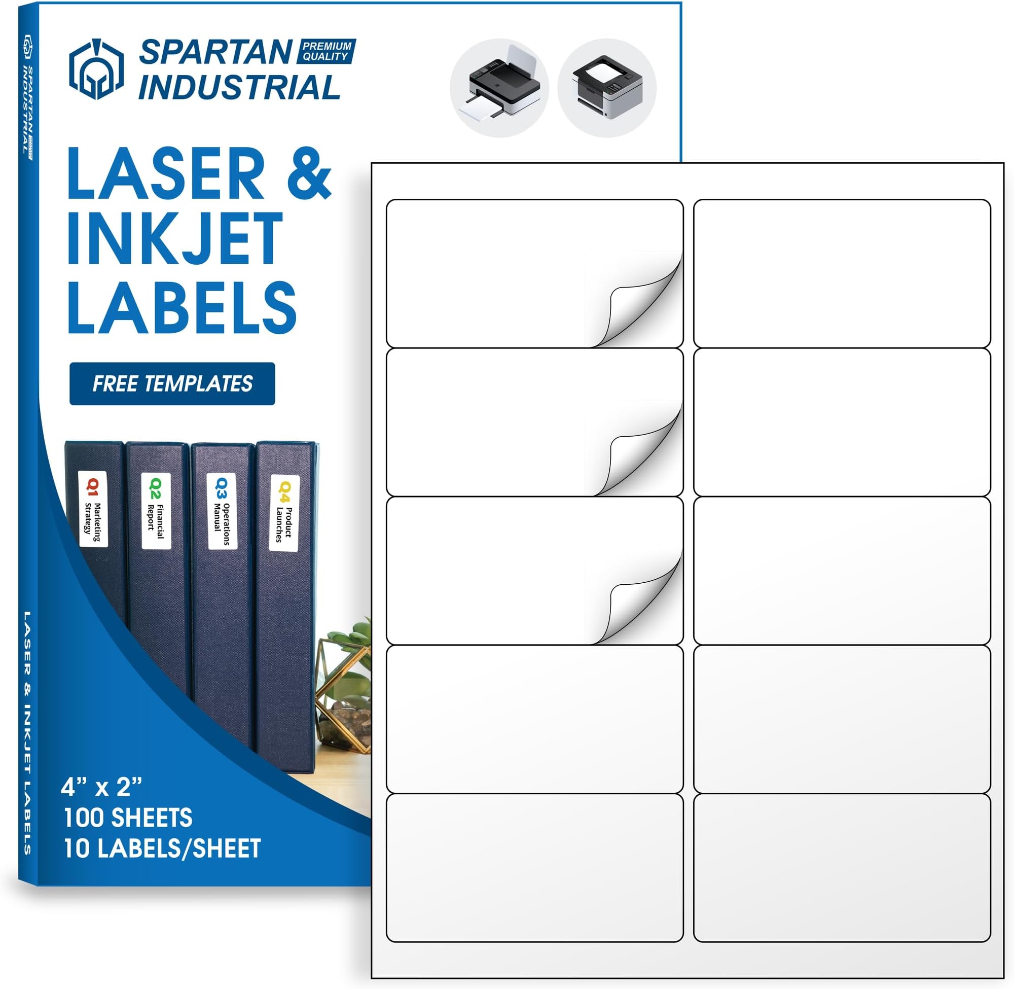 SPARTAN INDUSTRIALPrintable Laser and Inkjet Labels - 4" X 2" White Shipping Labels on Printable Sticker Paper - 100 Sheets, 1000 Total Labels