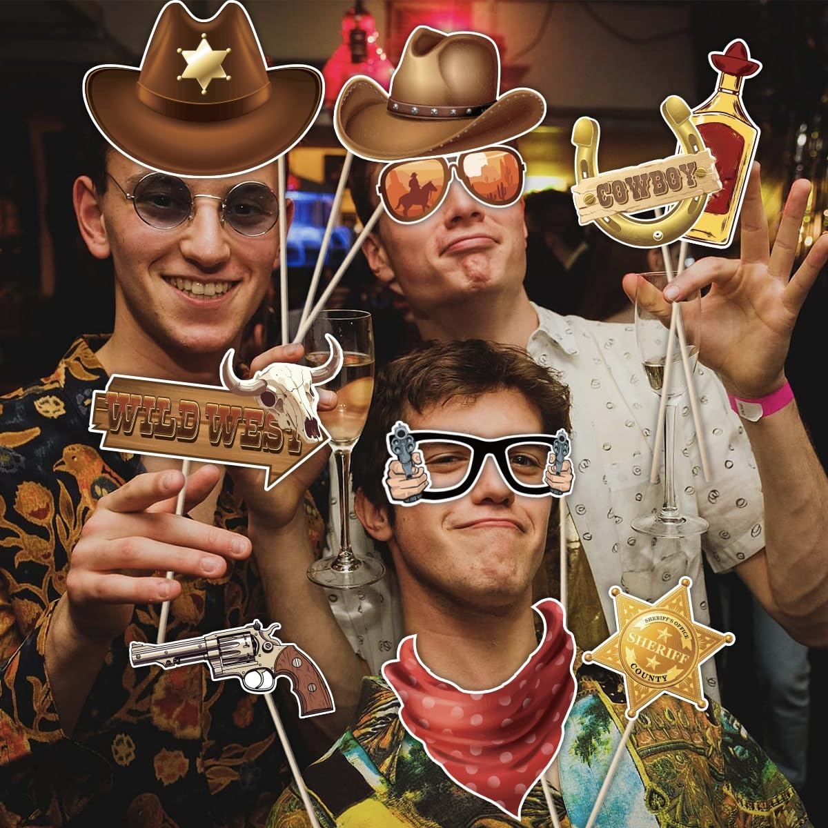 Set di 30 accessori per foto da cowboy occidentale, decorazioni per feste a tema rodeo, oggetti di scena per selfie a tema Wild West, accessori per feste di compleanno country cowboy