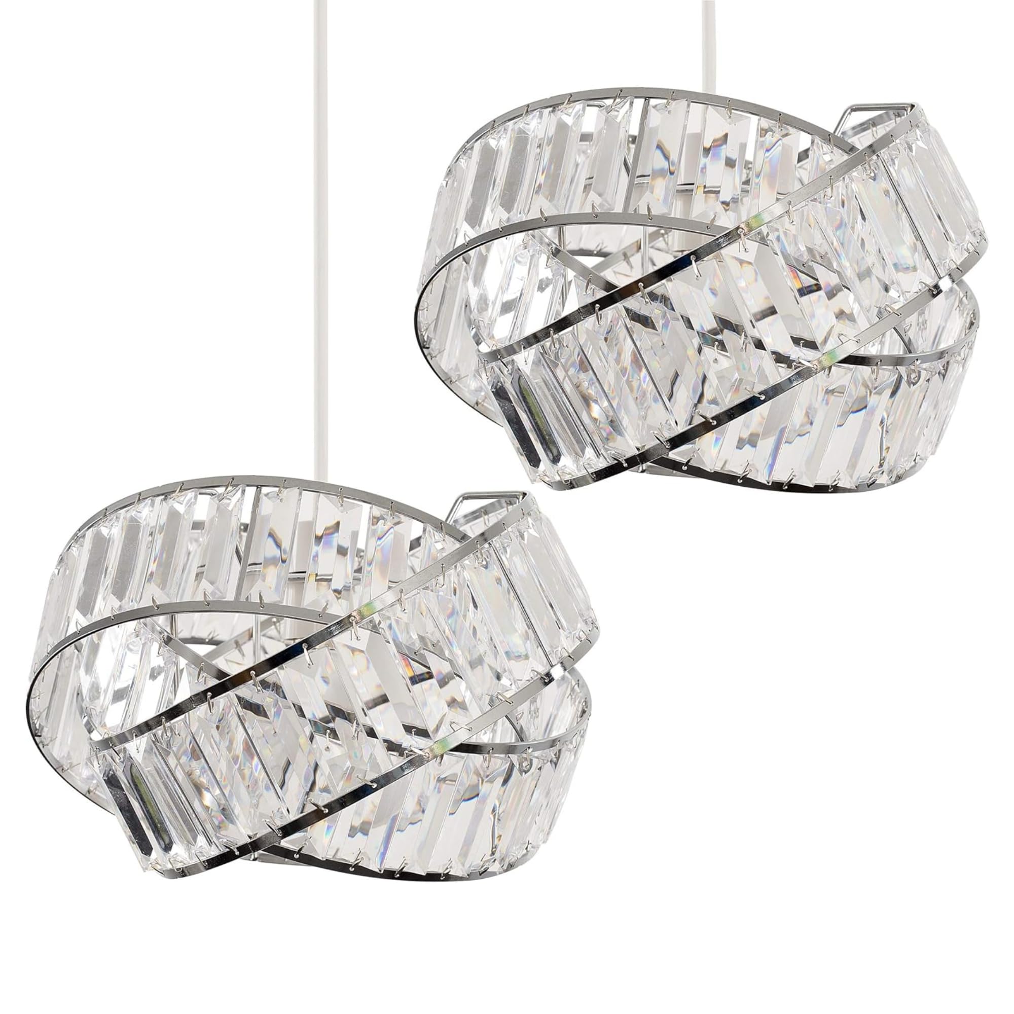 Minisun 2 X Clear Pendants | Modern Polished Chrome Intertwined Rings Design Ceiling Light Shades | Pendant Lights, Home Décor & Improvement Essential | Set Of 2 | 30Cm Shade Width