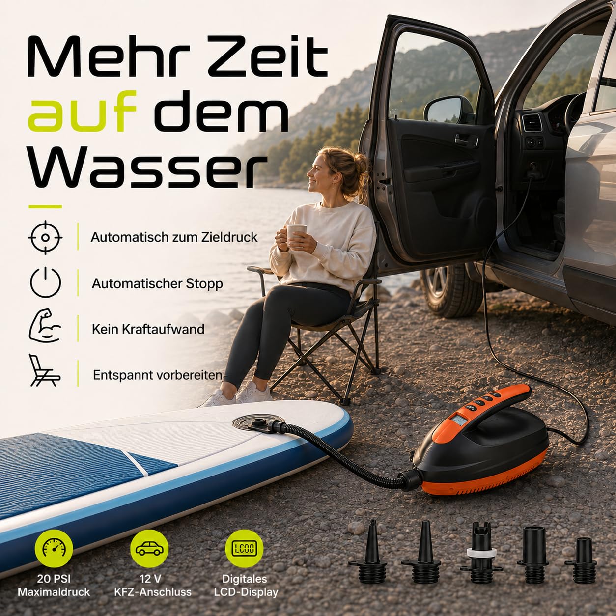 SkinStar Pompa elettrica SUP 20 PSI con display digitale, arresto automatico, collegamento 12 V, funzione di gonfiaggio e aspirazione, con 6 adattatori per SUP, kayak e gommoni