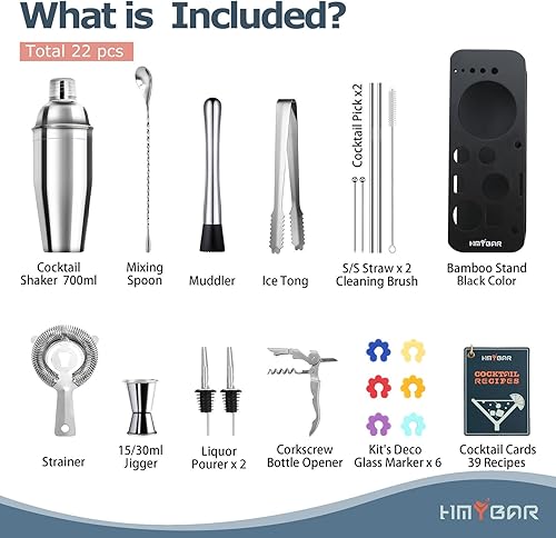 Miniatura 3 de Juego de coctelera de 22 piezas (24 onzas23.7 fl oz)  Kit de barman Mixology  Juego de herramientas de bar  Juego de fabricación de Martini con 39