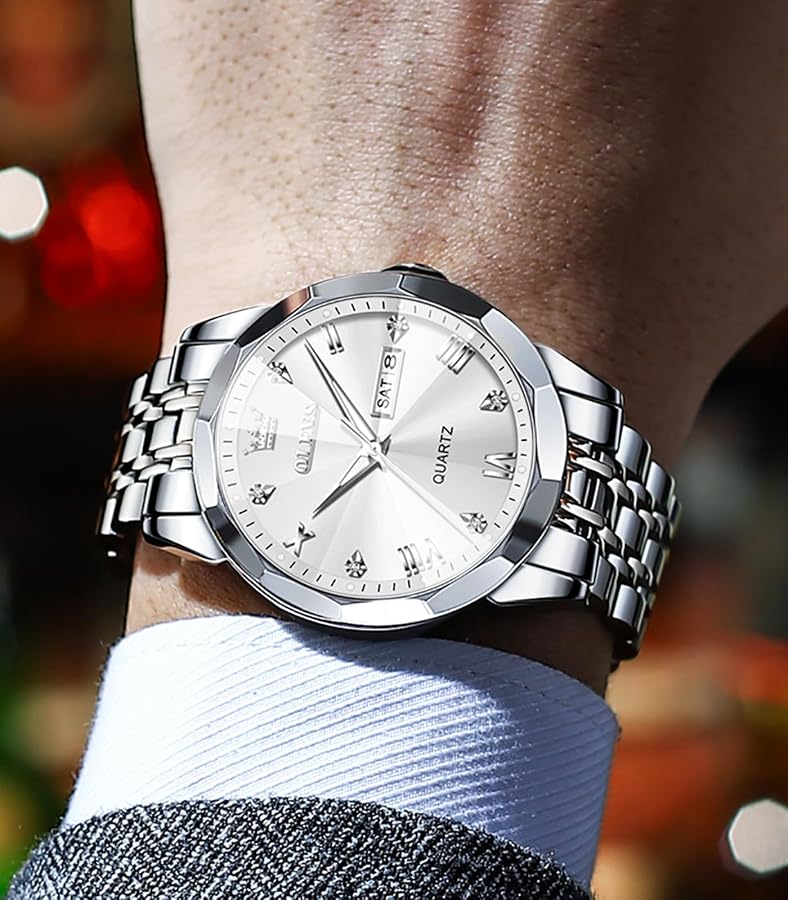 OLEVS Mens Orologi Big Face Blu Business Analog Orologio Al Quarzo Uomo Numeri Romani Classici Due Colori In Acciaio Inox Orologi A Banda Uomini Luminoso Impermeabile Calendario Orologio Uomini