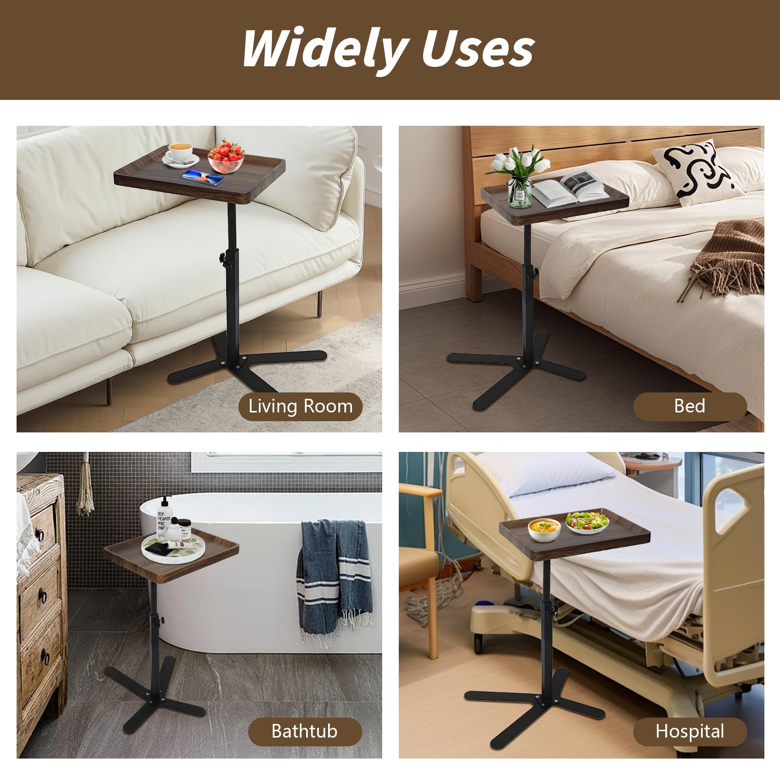 XUDREZ Tavolino regolabile a forma di C con piano girevole a 360°, tavolino per soggiorno, camera da letto, divano, vasca da bagno, comodino, infermieristica