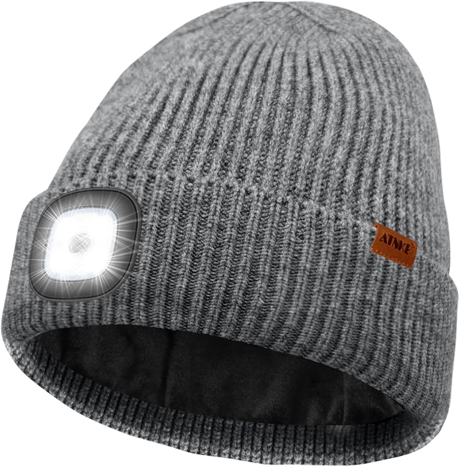 ATNKE LED Lighted Beanie Cap, USB Rechargeable 4 LED Running Headlamp Lined Fleece Hat with Light Gift for Men and Women