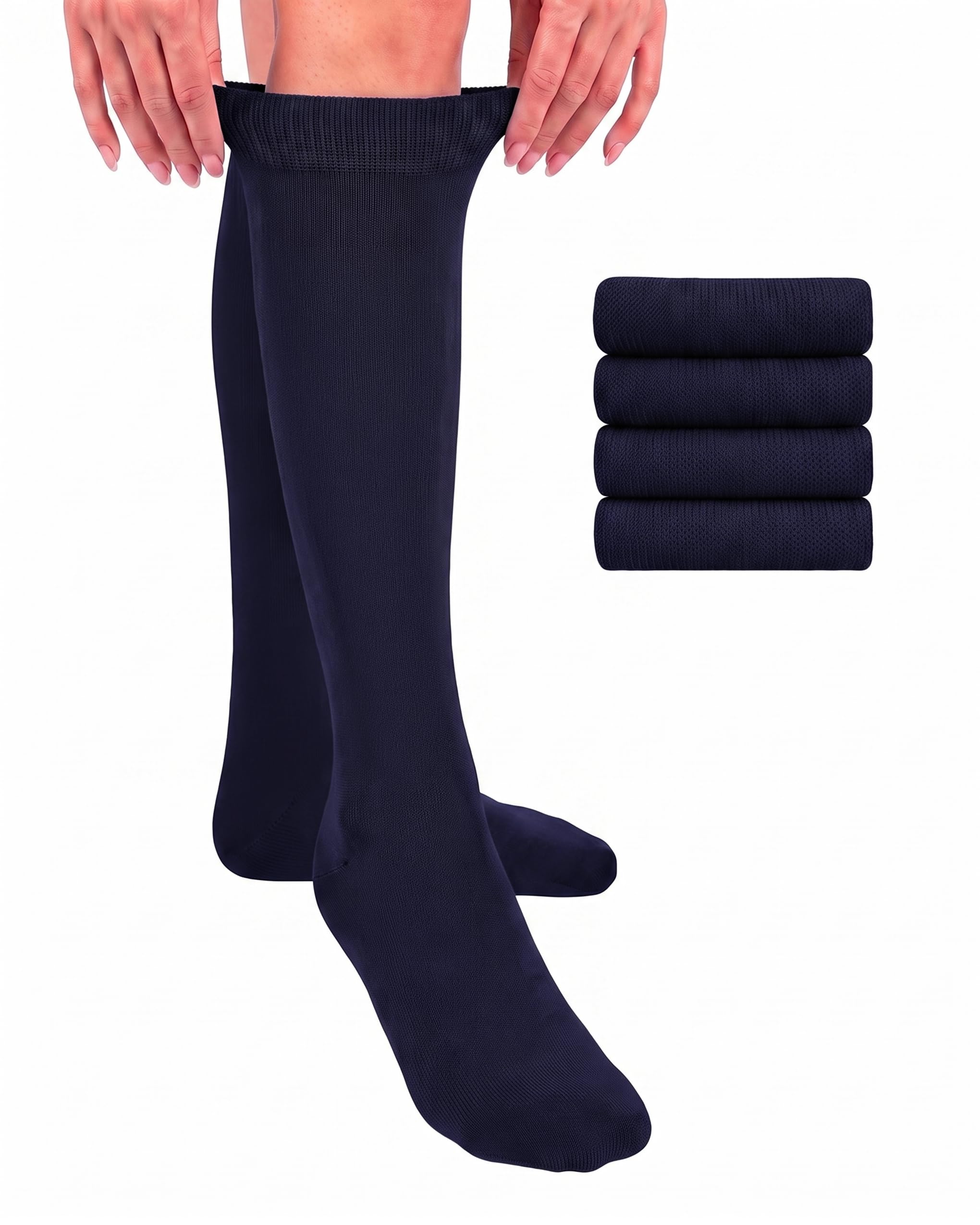 Women Cotton Knee High Socks, 4 Pairs, Long Dress School Uniform