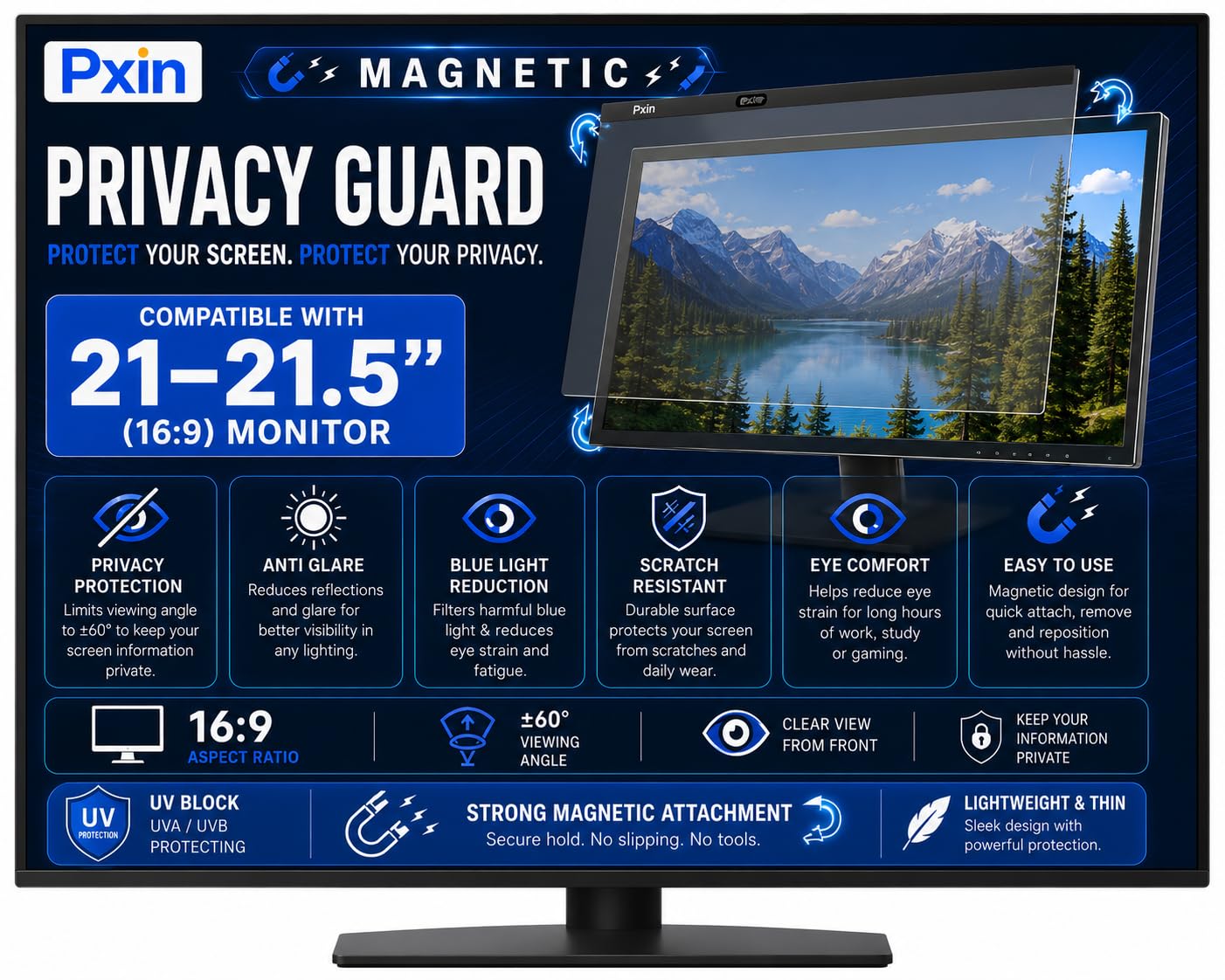 pxin monitor magnetic privacy guard compatible with 21-21.5 inch (16:9) monitor | privacy screen protector | anti glare | anti spy screen | reduces blue light | eye protection