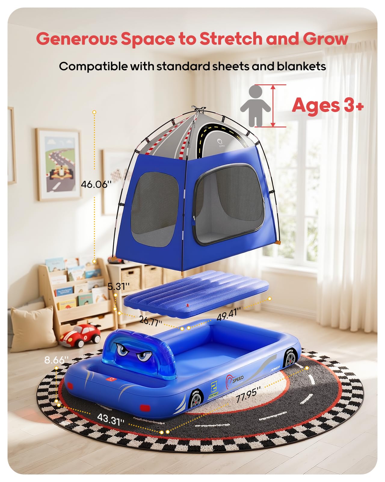 QPAU Matelas gonflable pour enfants, motif tente de voiture de course, à partir de 3 ans, bleu