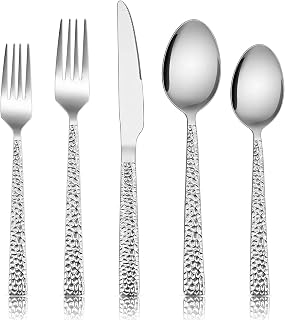 E-far 40-Piece Hammered Stainless Steel Flatware Set for 8 - Modern Square Silverware, Rust-Resistant, Dishwasher Safe Cutlery