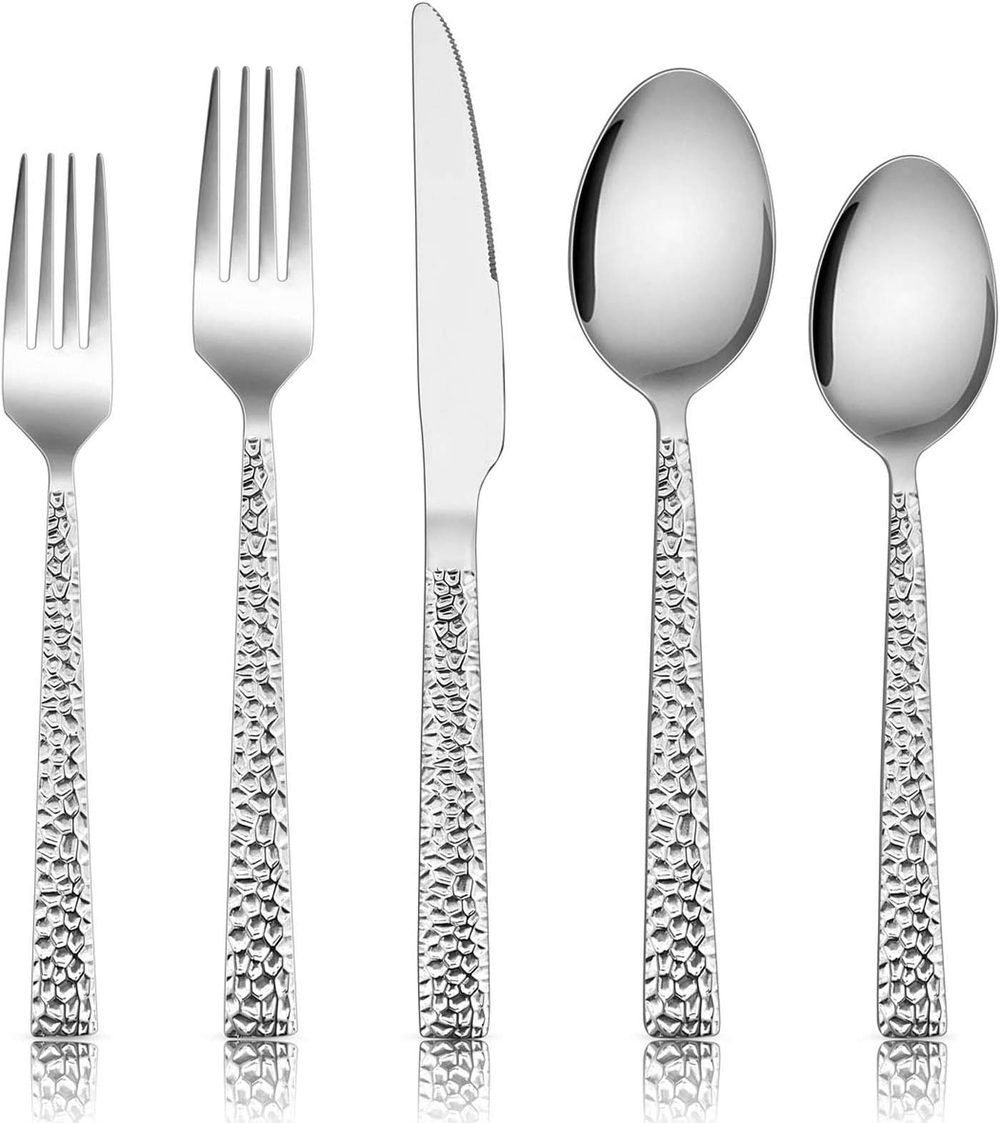 Hammered Silverware Set, E-far 40-Piece Stainless Steel Square Flatware Set for 8, Metal Tableware Cutlery Set Includes Di.