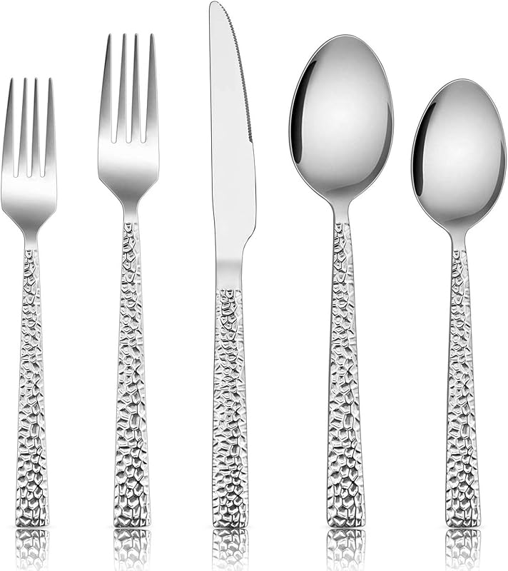 Hammered Silverware Set for 8, 40 Pcs Stainless Steel Flatware Set | Includes Forks/Spoons/Dinner Knives, Cutlery Set for Home, Party, Wedding, Mirror Polished & Dishwasher Safe