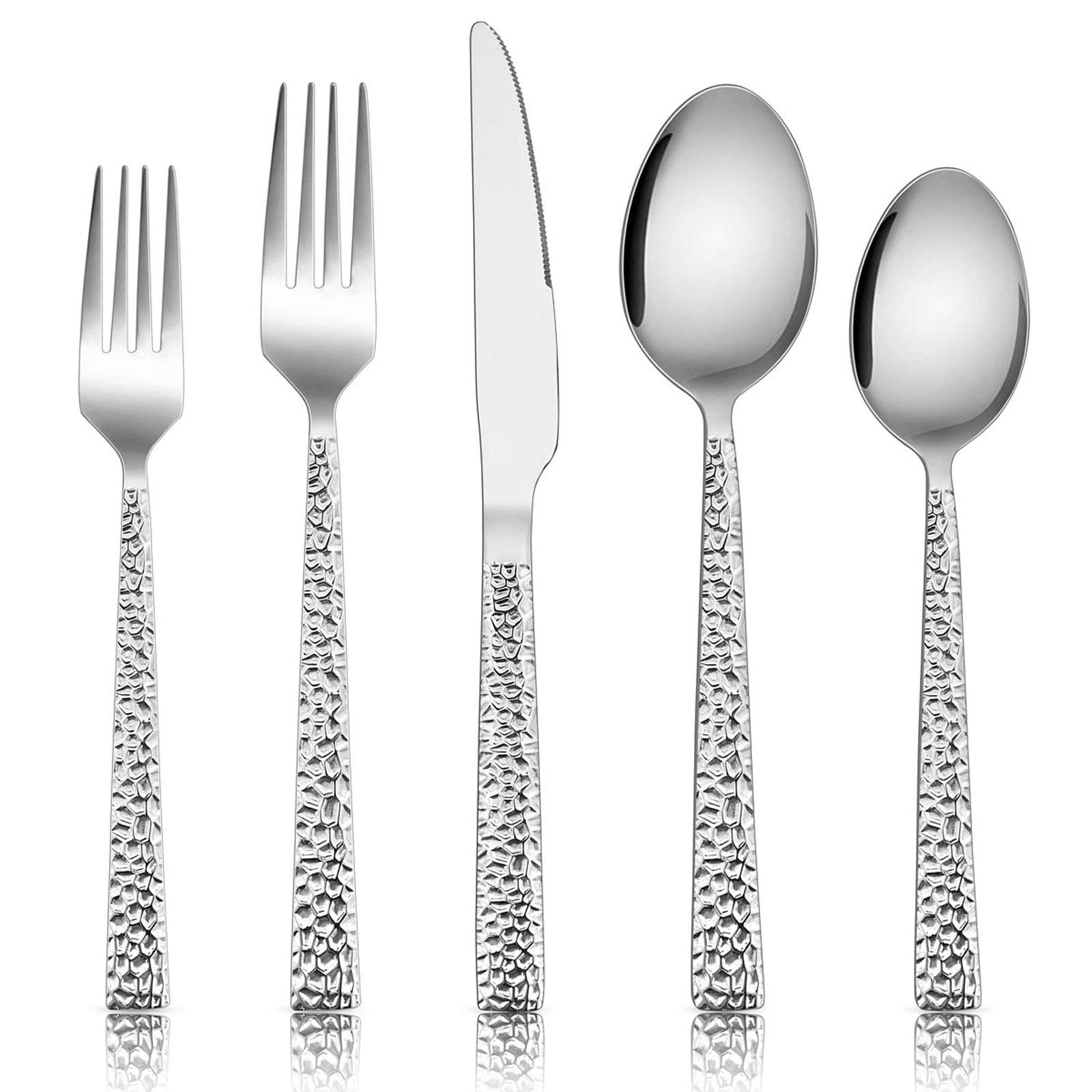 Hammered Silverware Set, E-far 40-Piece Stainless Steel Square Flatware Set for 8, Metal Tableware Cutlery Set Includes Dinner Knives/Forks/Spoons, Modern Design & Mirror Polished - Dishwasher Safe