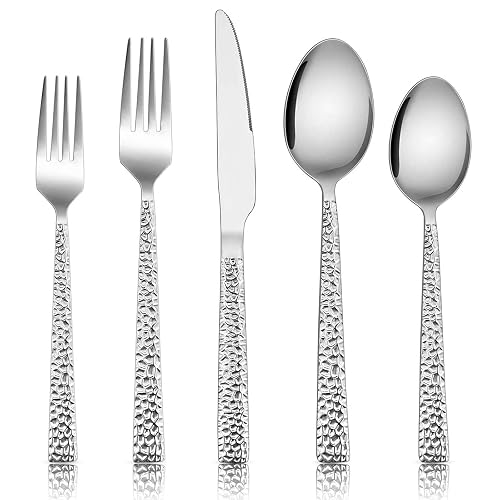 E-far Hammered Silverware Set, 40-Piece Stainless Steel Square Flatware Set for 8, Metal Tableware Cutlery Set Includes Dinner Knives/Forks/Spoons, Modern Design & Mirror Polished - Dishwasher Safe