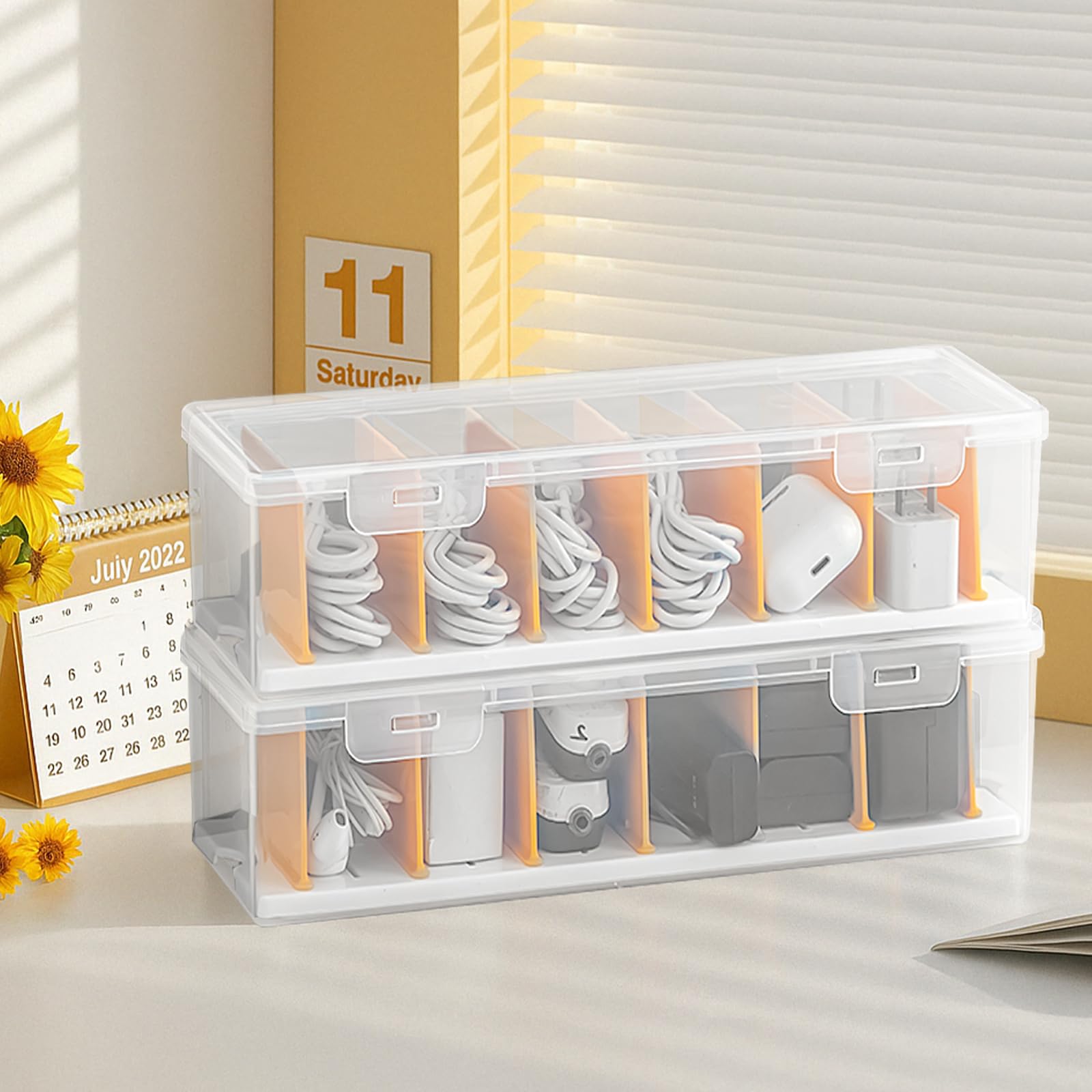 2 Pièces Boîte Rangement Câble avec 16 Attaches, Boîte Câble Transparente avec 7 Séparateurs – Organisateur de Câble pour Bureau, Maison, Boîte à Câble pour Chargeurs et Accessoires