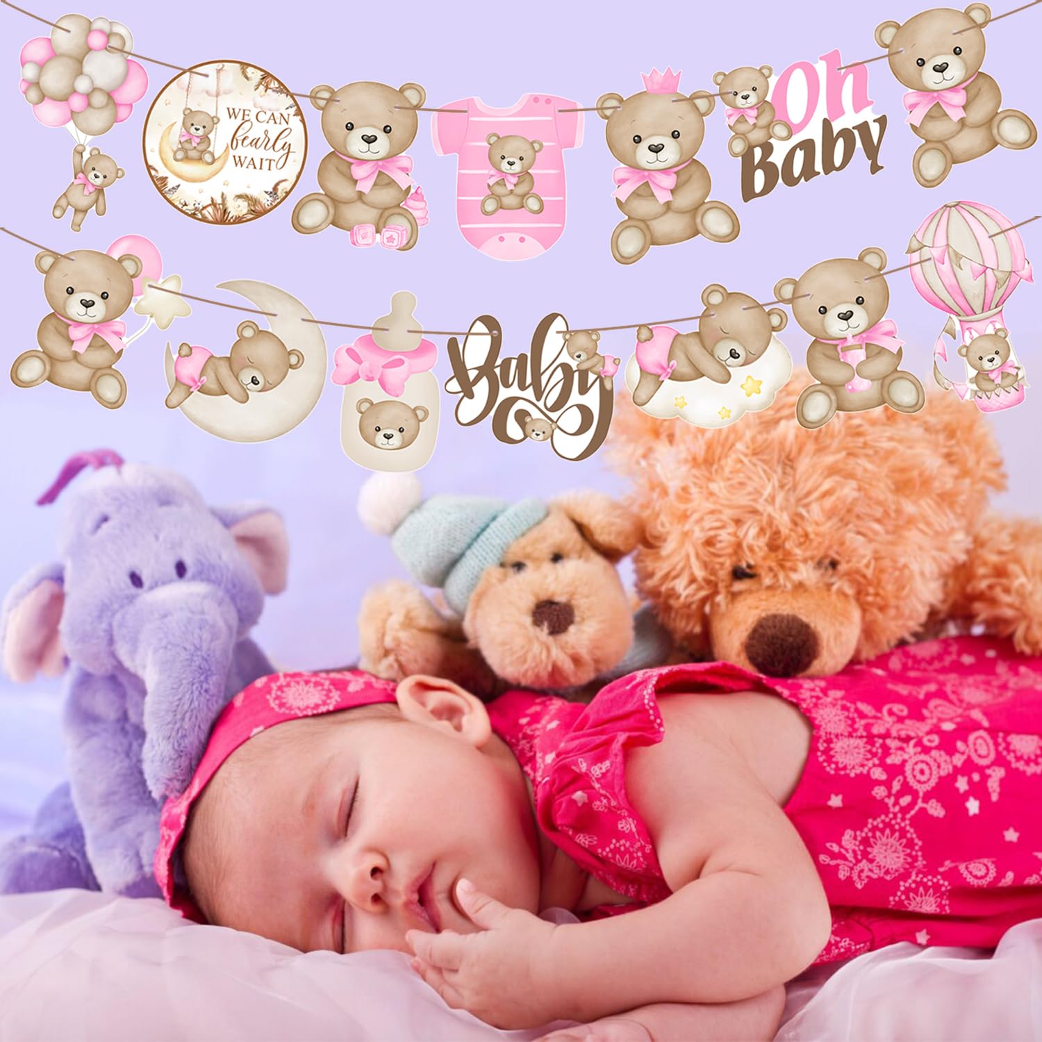 Pancartas rosas con texto en inglés "We Can Bearly Wait" para baby shower, decoración de fiesta de oso para baby shower, pancarta de oso de peluche para niñas, suministros de fiesta de cumpleaños