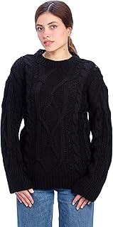 بلوفر من رافين برقبة دائرية للنساء، تصميم فضفاض بأكمام طويلة، لون أسود