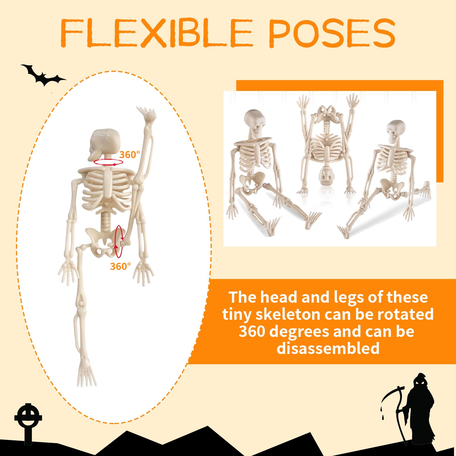 Hebterrka 8 sztuk dekoracyjnych mini szkieletowych figurek na Halloween, 15 cm, wysuwane plastikowe szkielety na straszną dekorację domu na Halloween, dekoracja domu duchów i prezenty na imprezę