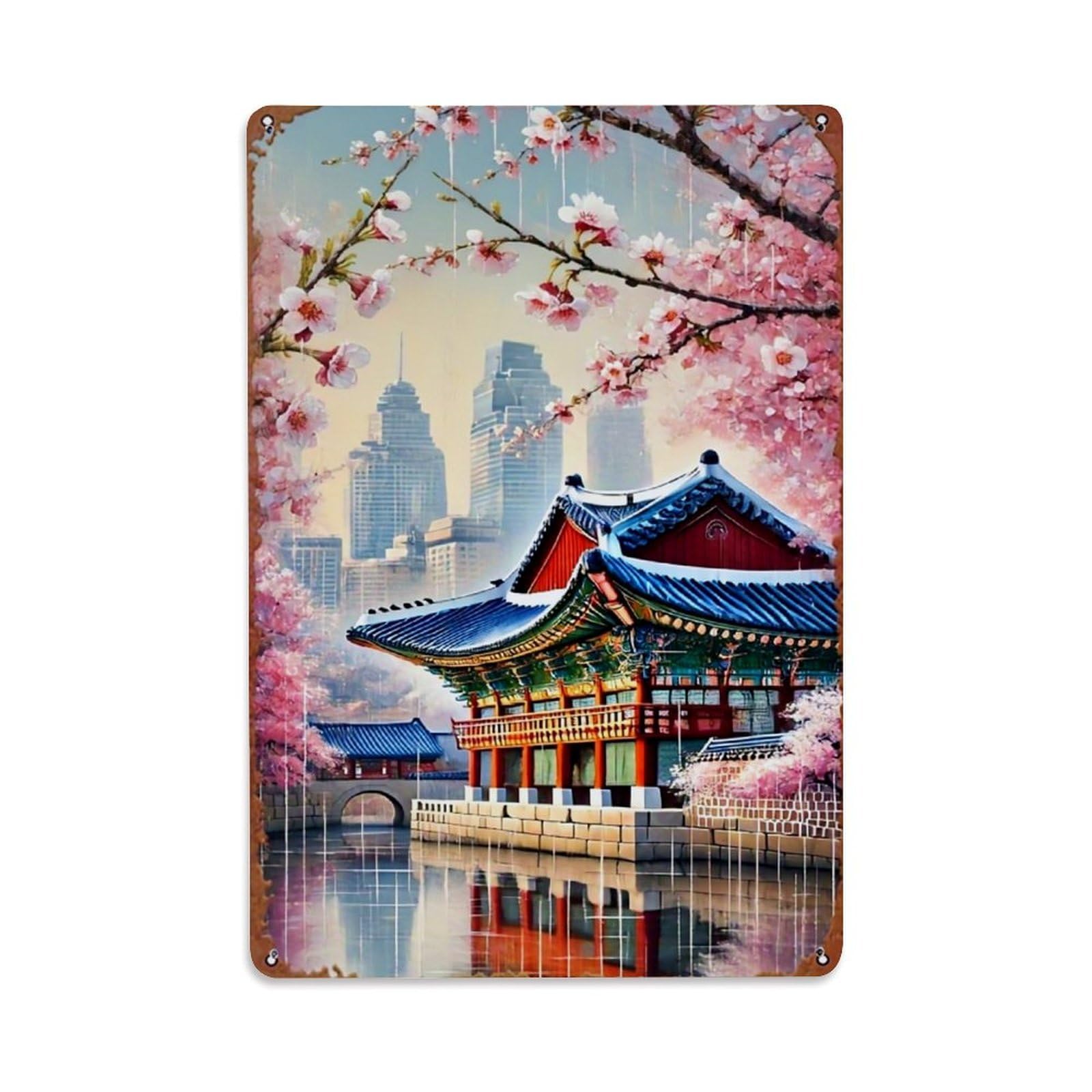 Jdfenggu Vintage Cherry Blossom Temple Cityscape Art Retro Metal Tin Sign, Metal Poster For Bar, Home, Man Cave, Kitchen, Laundry Room Art Decor 8X12 Inch