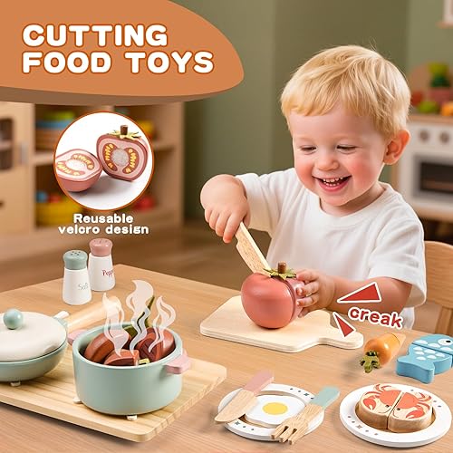 Miniatura 3 de Juego de accesorios de cocina de madera, juegos de ollas y sartenes de juguete para niños, juego de cocina con estufa de juguete, juegos de cocina