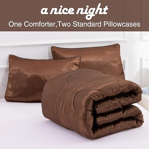 Miniatura 2 de A Nice Night Juego de edredón de satén suave y sedoso, juego de edredón sexy de microfibra súper suave, tamaño matrimonialqueen, ligero (chocolate,