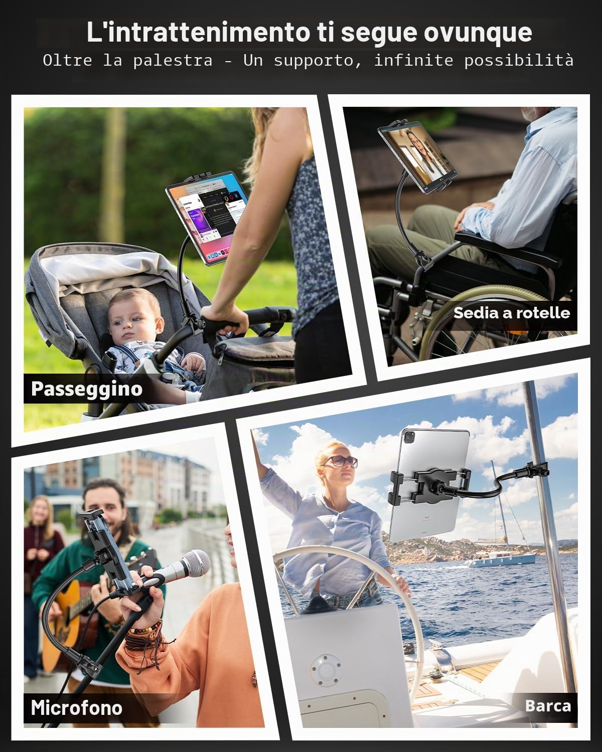Supporto Tablet Bici Spinning, Porta iPad Bicicletta Cyclette Tapis Roulant | con Collo Oca in Metallo, per iPad Pro 12.9, 10.5, 9.7, iPad Air Mini, Samsung Tab, iPhone 4-13" Telefonos Tablets