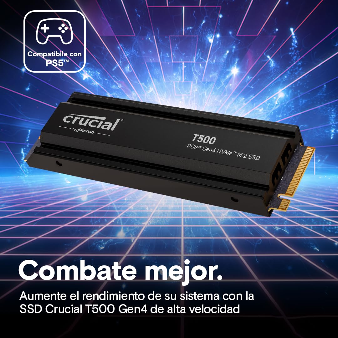 Crucial T500 SSD 1TB PCIe Gen4 NVMe M.2 con Disipador, hasta 7300