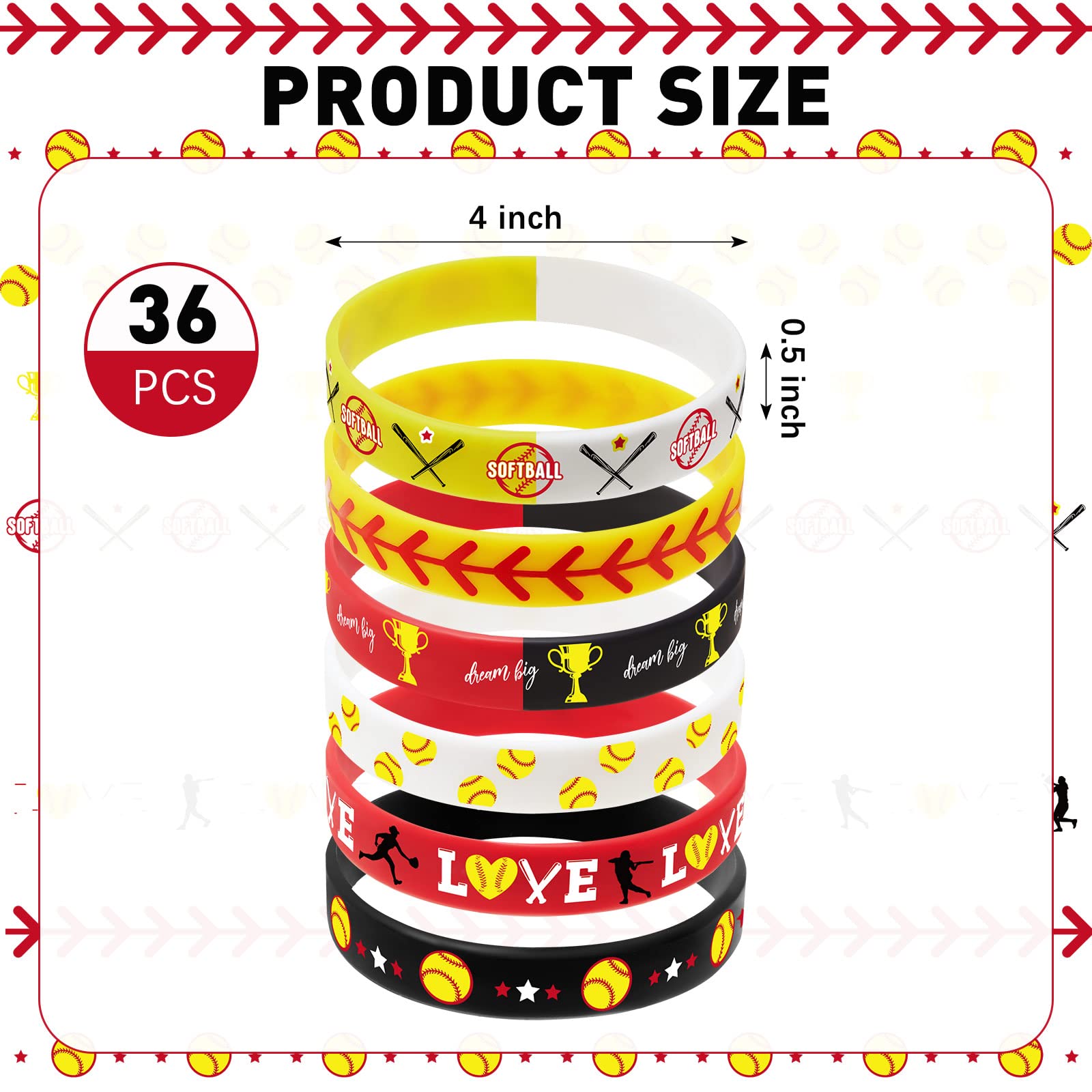 36 Pieces Softball Motivational Bracelet Silicone Baseball Inspirational Bracelets Party Silicone Rubber Wristbands Men Bands Bracelet Stretch Wristbands for Sport Theme Party Supplies (Softball
