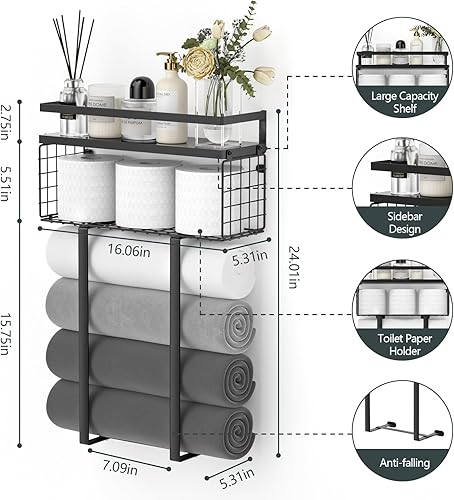 Vista 3 de Toalleros para baño, toallero de metal con cesta de almacenamiento, toallero de pared para toallas enrolladas, almacenamiento de toallas para baño