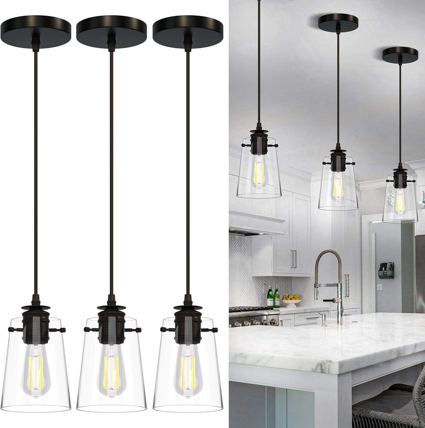 Pendant Lights Kitchen Island, Modern Industrial Pendant Light Fixtures with Glass Shade, E26 Socket Adjustable Cord for Dining Room, Bedroom, Living Room, Farmhouse Pendant Lighting 3Pcs