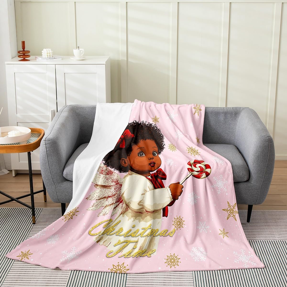 Feelyou Black Angle Fleece Throw Blanket Christmas African Girl Flannel Blanket Plush Fuzzy Xmas Snowflake for Bed Couch Chair Living Room Pink Twin 60"x80" Bedroom Decor