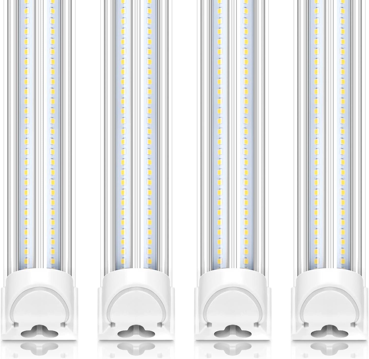 barrina t8 led shop lights 8ft, 100w 15000lm 5000k, 4 pack, high output | 8 foot for garage workshop and workbench use, easy clip ceiling mount, linkable to 3, v shape, aluminum, clear cover