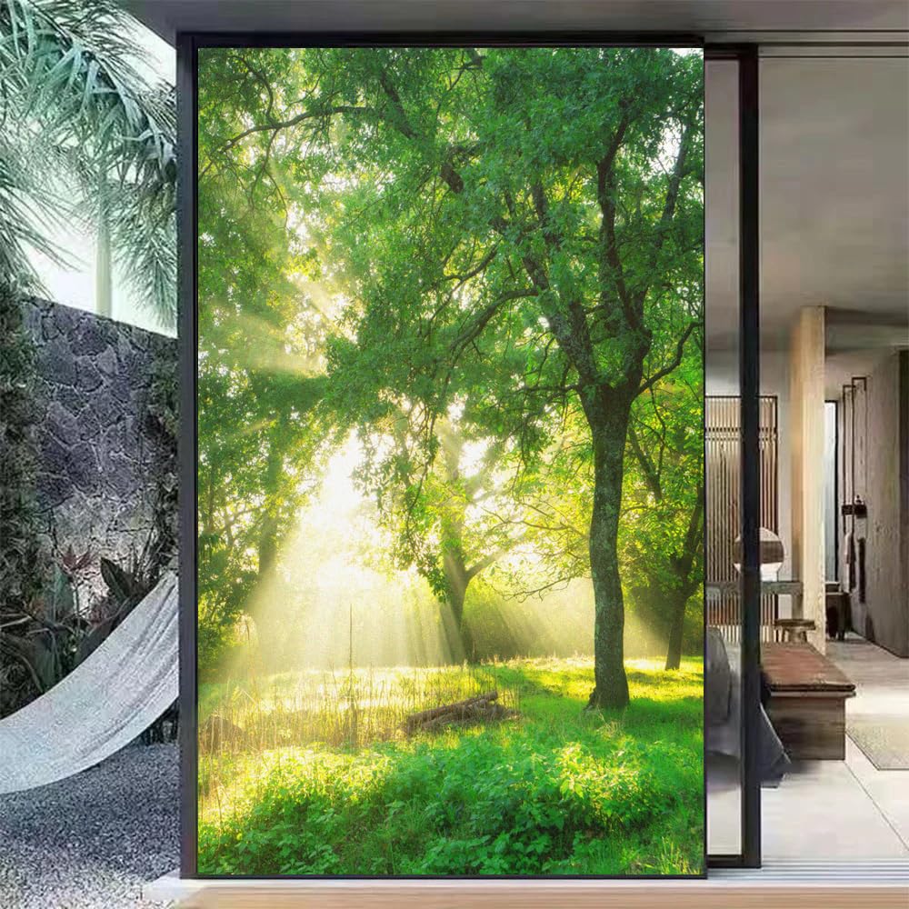 Window Film Privacy Frosted Not Transparent Static Cling Heat Control UV Blocking Green Scenery Glass Sticker(100x140cm) โ image 1